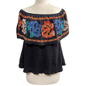 Women's Free People Black Multi Floral Embroidered Off the Shoulder Top Size S